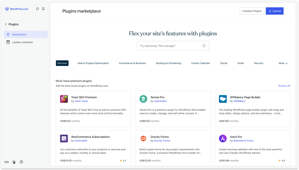 WordPress.com's plugin marketplace, shown from within the new hosting dashboard. 