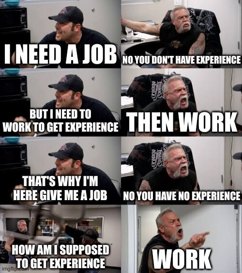Meme about how you need work to get experience, but you can’t get experience without work