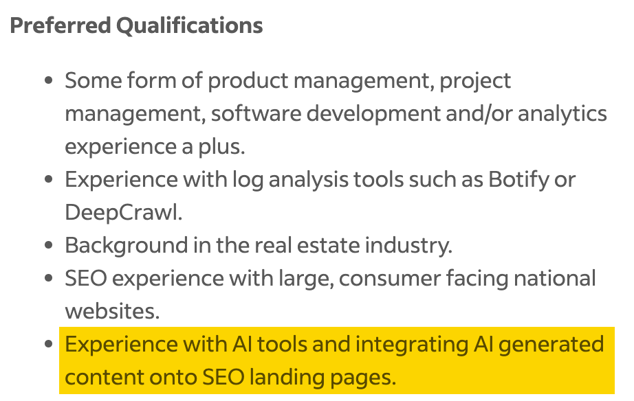 A job listing that requested for experience with AI tools
