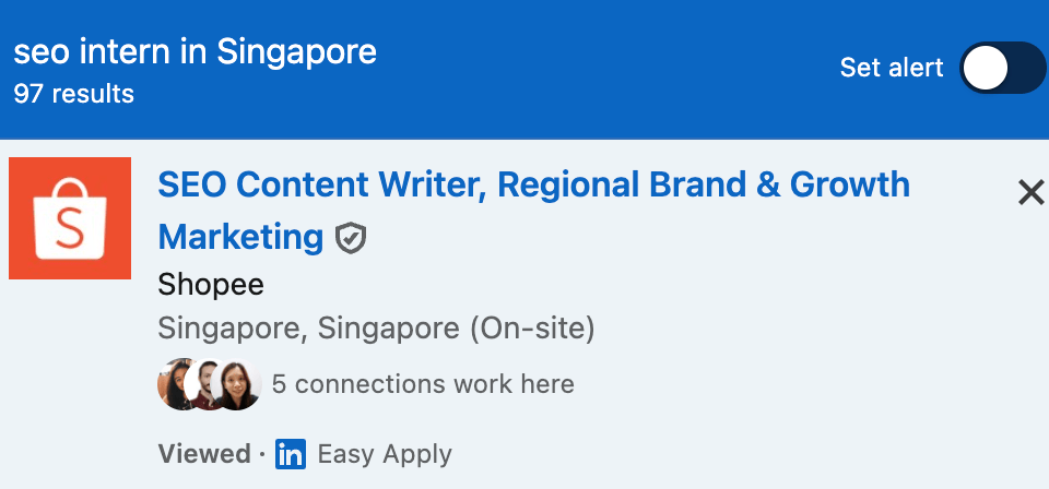 A LinkedIn search for SEO intern jobs