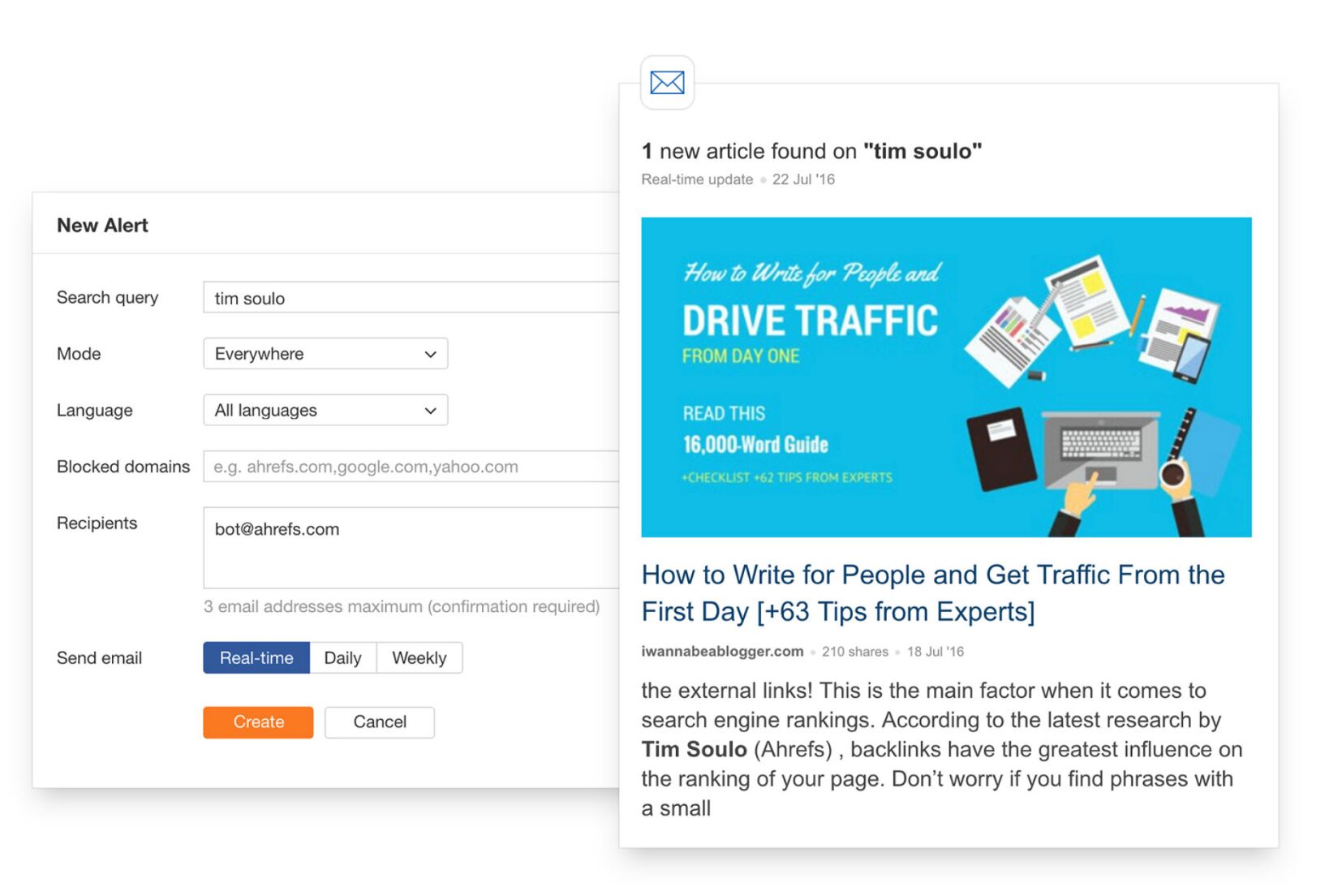 Ahrefs alerts screenshot showing the interface and a mention