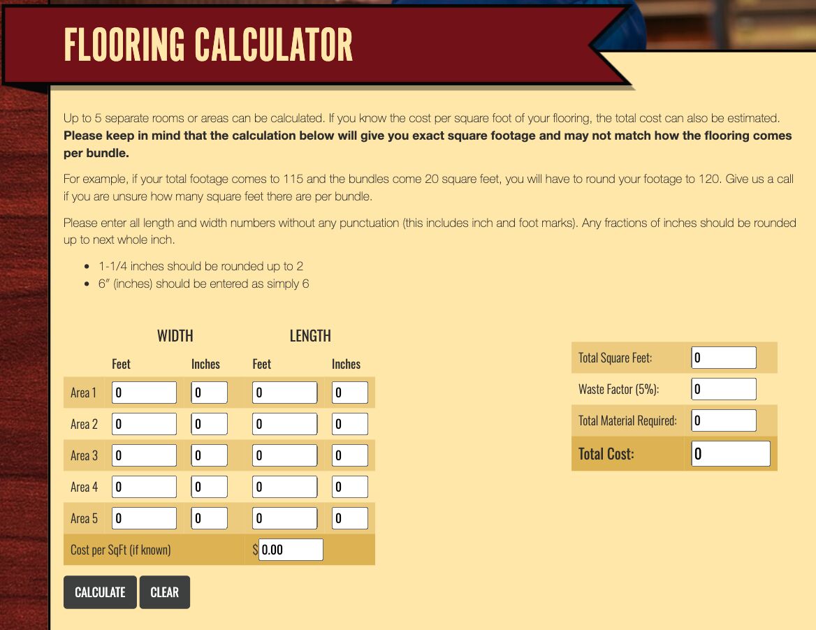 Example of Highland Hardwoods' flooring calculator.