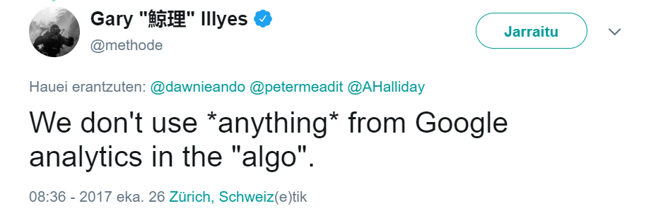 Gary IIIyes tweet: "We don't use *anything* from Google Analytics in the algo."