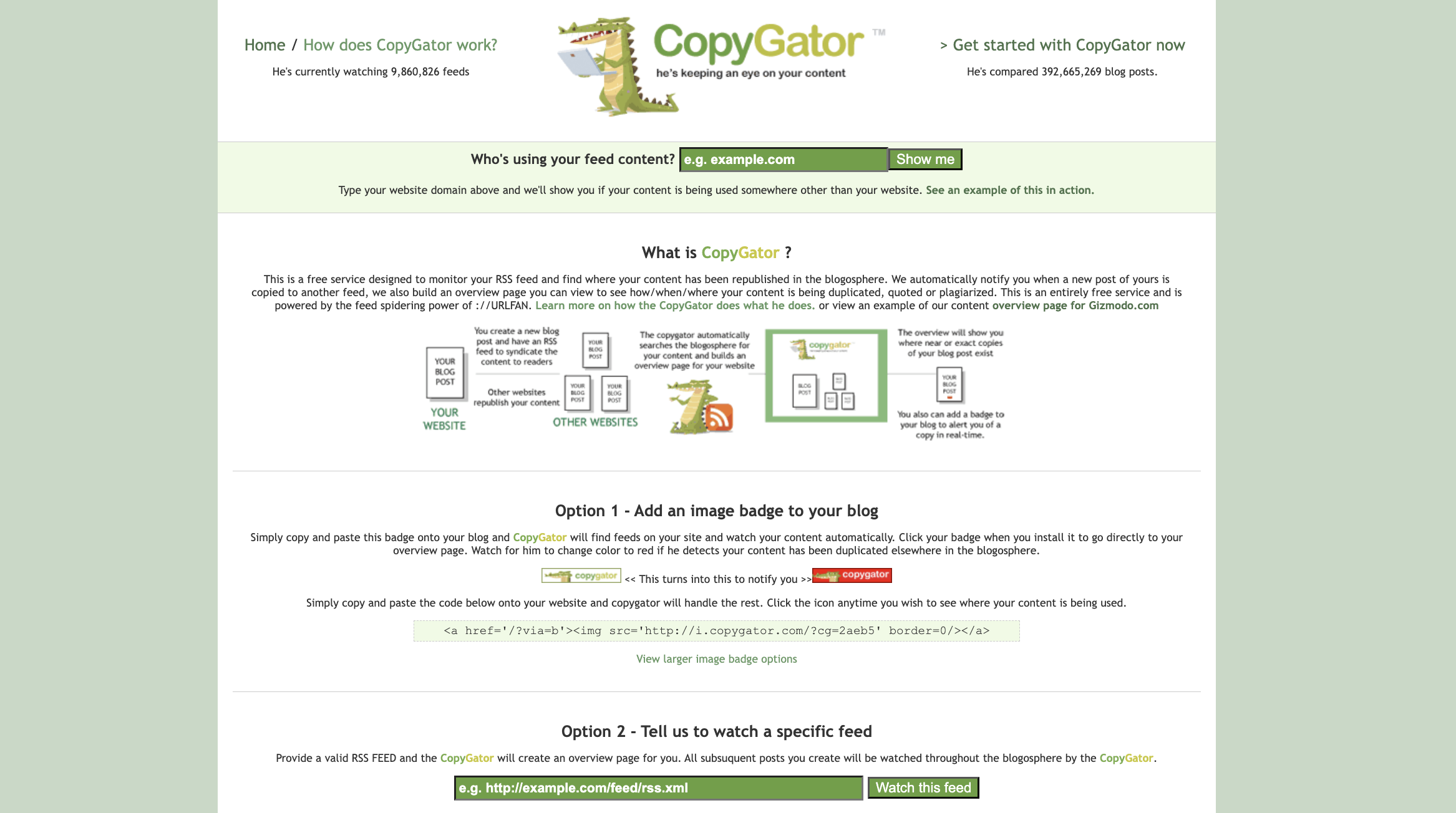 Screenshot of CopyGator website explaining how it helps monitor and track content feeds.