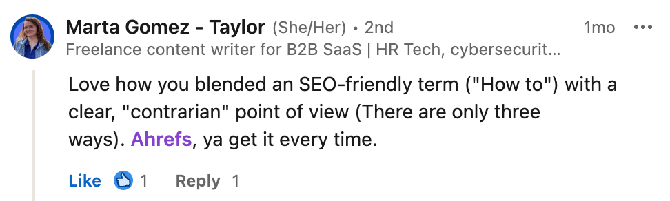 LinkedIn comment on how we blended an SEO-friendly term with a contrarian point of view