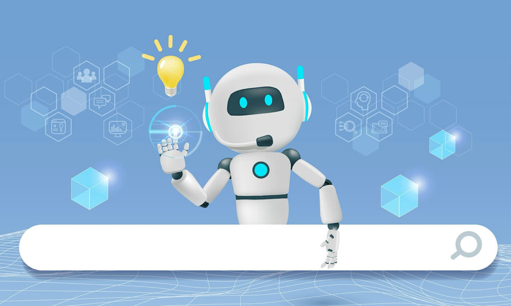 AI chat robot on search engine bar. Artificial intelligence bot innovation technology answer question with smart solution. 3D vector created from graphic software.