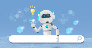 AI chat robot on search engine bar. Artificial intelligence bot innovation technology answer question with smart solution. 3D vector created from graphic software.