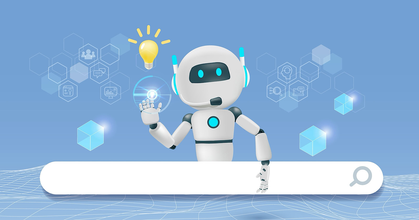 AI chat robot on search engine bar. Artificial intelligence bot innovation technology answer question with smart solution. 3D vector created from graphic software.