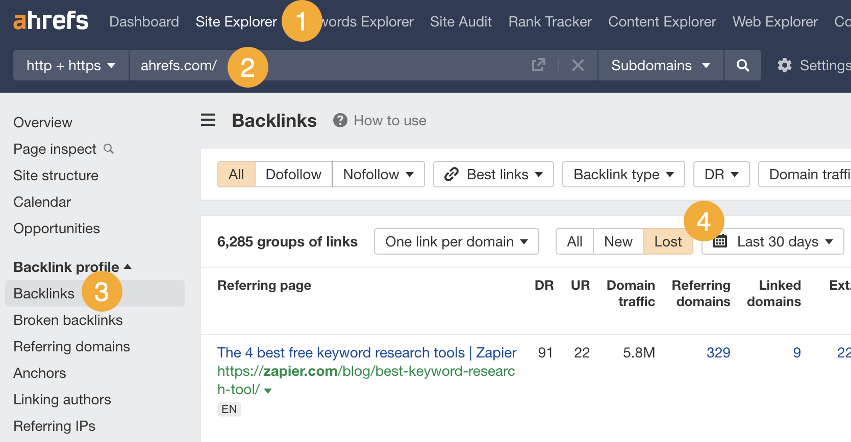 Finding lost backlinks in Ahrefs' Site Explorer