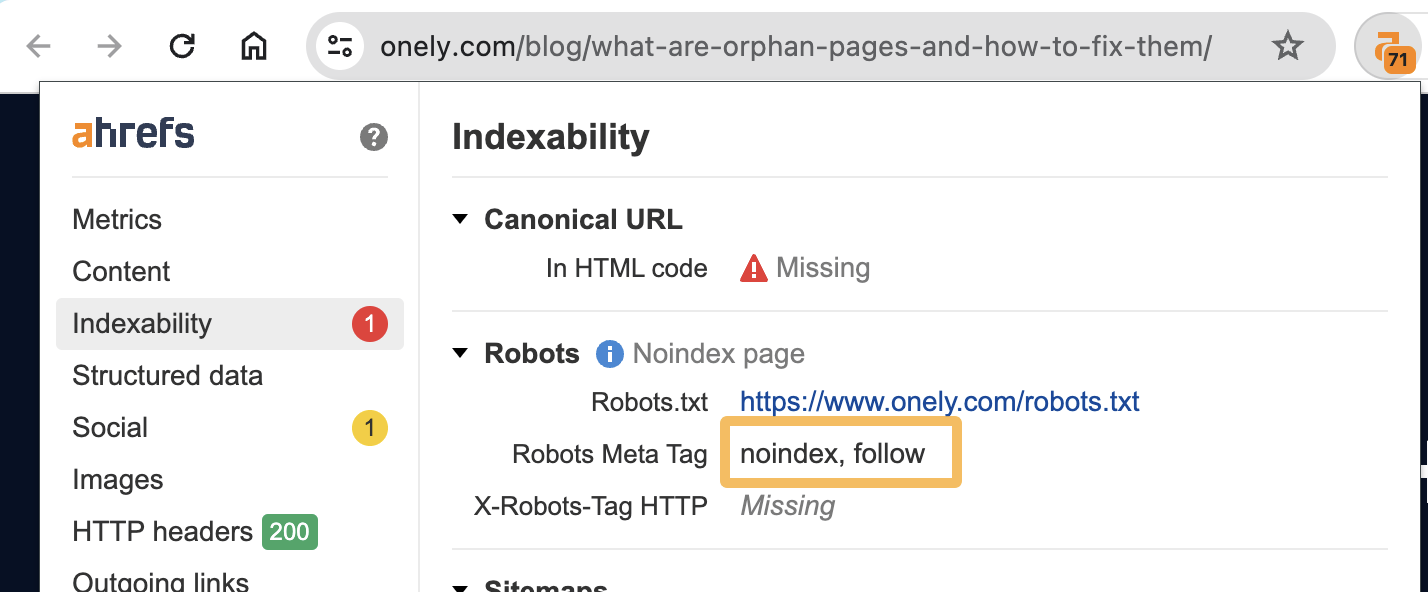 Checking Indexability in Ahrefs SEO Toolbar