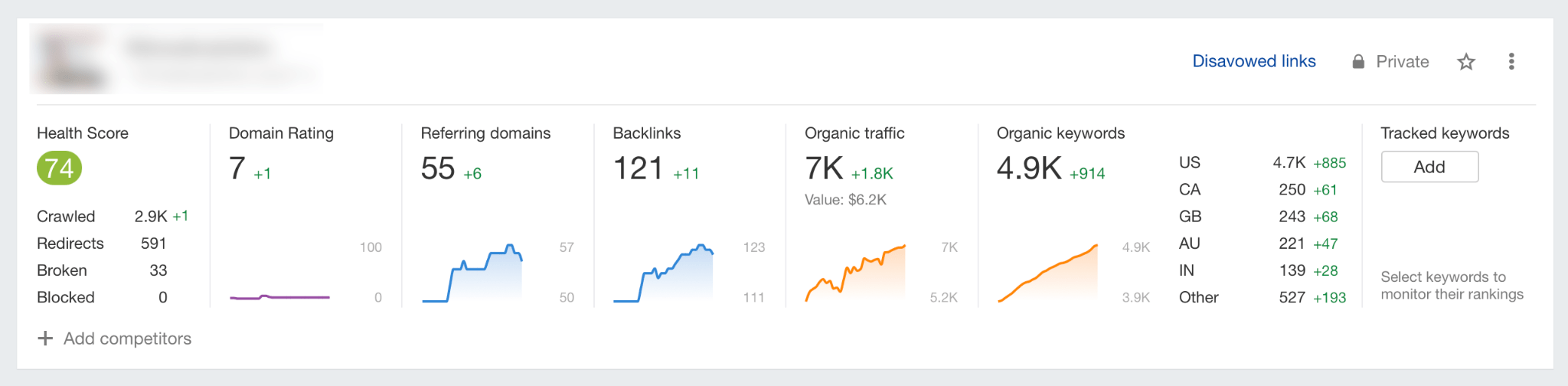 Ahrefs' Performance Dashboard Screenshot