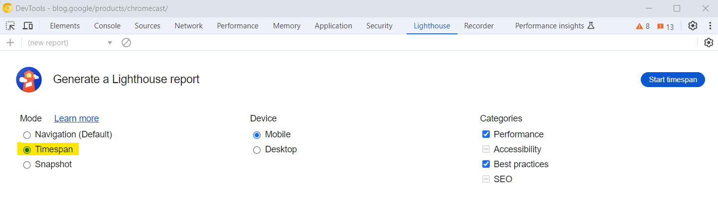Option timespan in Chrome Lighthouse DevTools