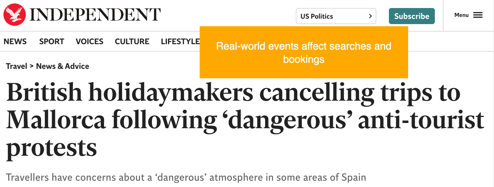 British holidymakers cancelling trips to Mallorca following protests, showing that real-world events affect SEO