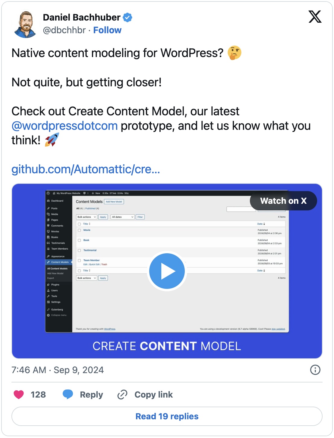 Daniel Bachhuber's tweet about the Create Content Model prototype with a video