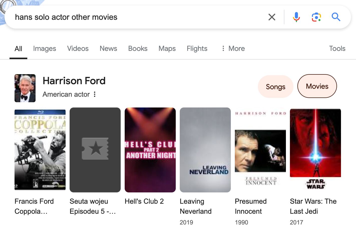 Google understands Harrison Ford as an entity and can show us his filmography