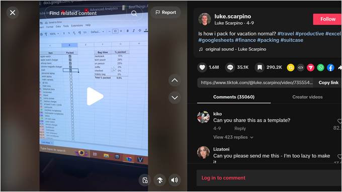 Luke Scarpino's travel packing spreadsheet on TikTok