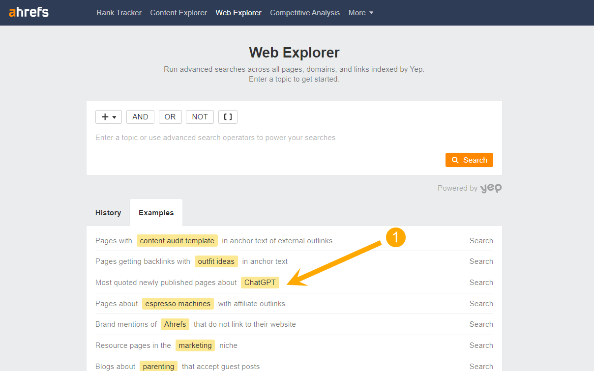 Ahrefs Web Explorer homepage highlighting preconfigured, clickable search for 'Most quoted newly published pages about ChatGPT'