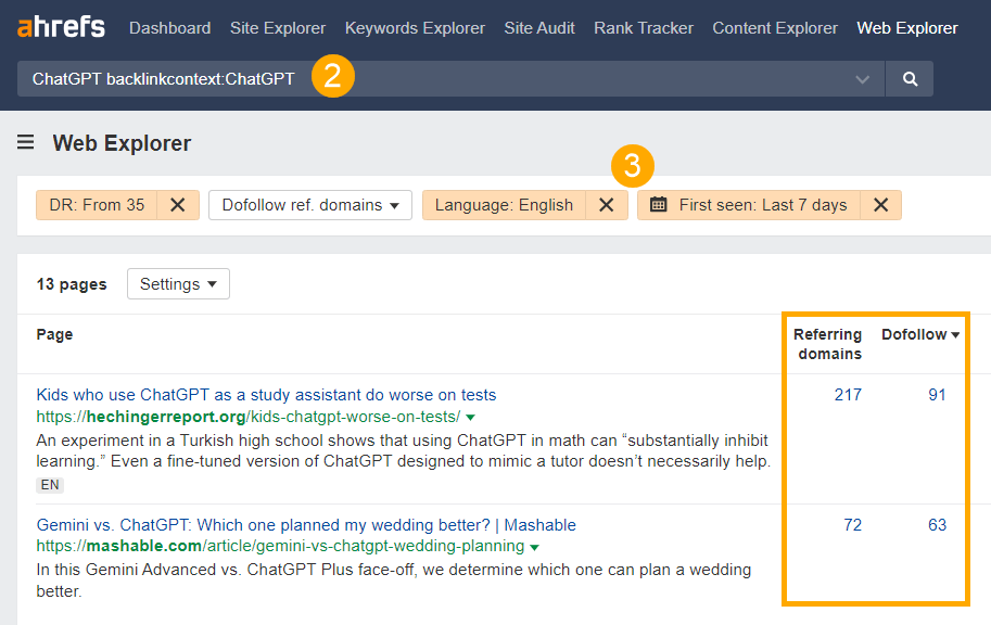 Ahrefs Web Explorer highlighting referring domains column for 'Most quoted newly published pages about ChatGPT'