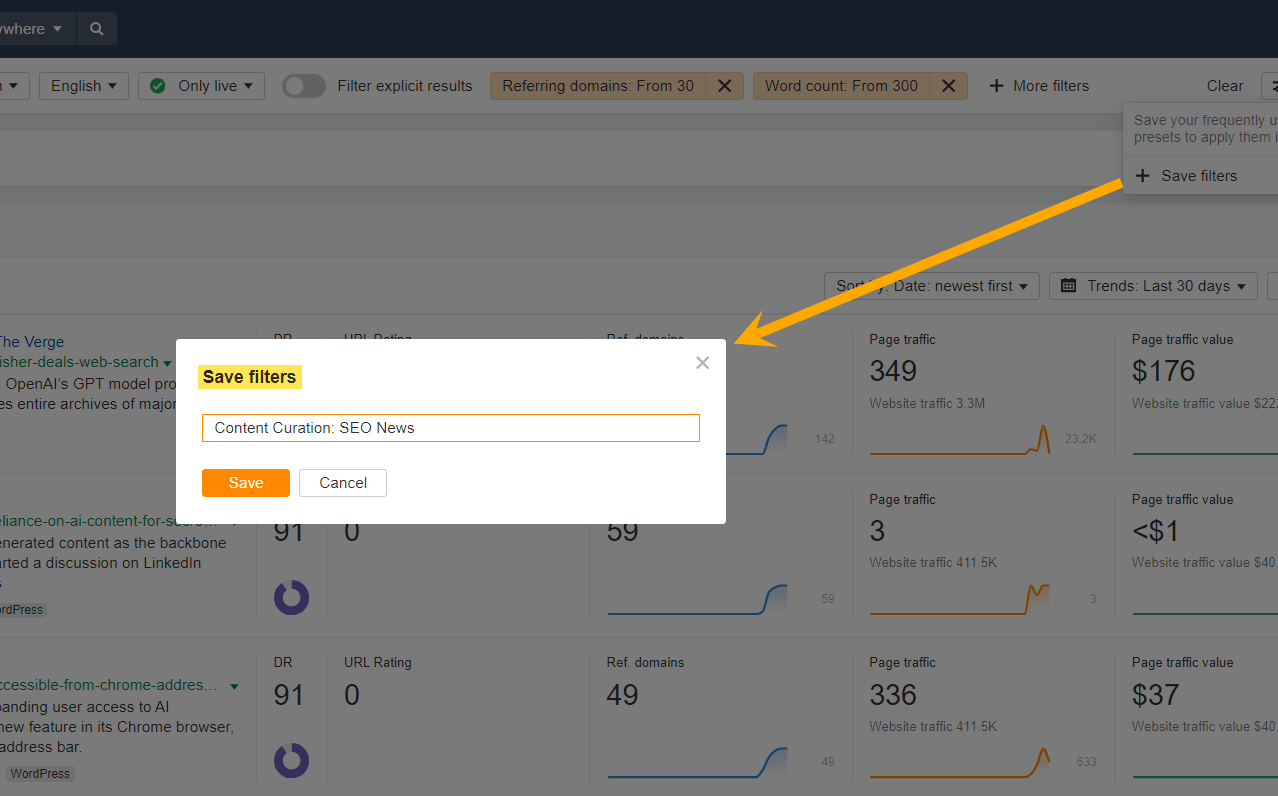 'Save filter' button in Ahrefs Content Explorer