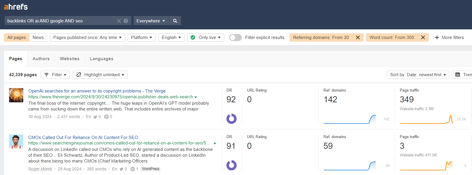 Ahrefs Content Explorer search for new SEO content to curate