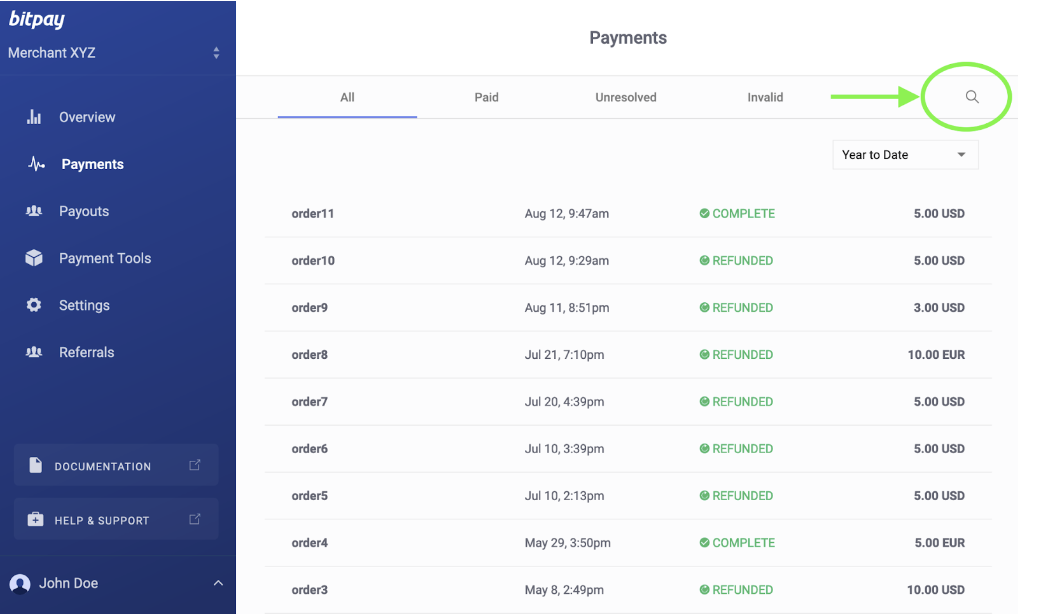 The BitPay dashboard.