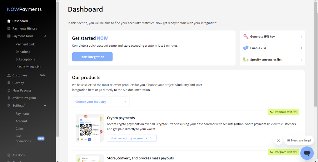 The NOWPayments Dashboard.