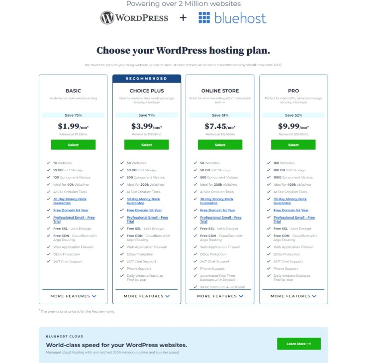 Bluehost Pricing