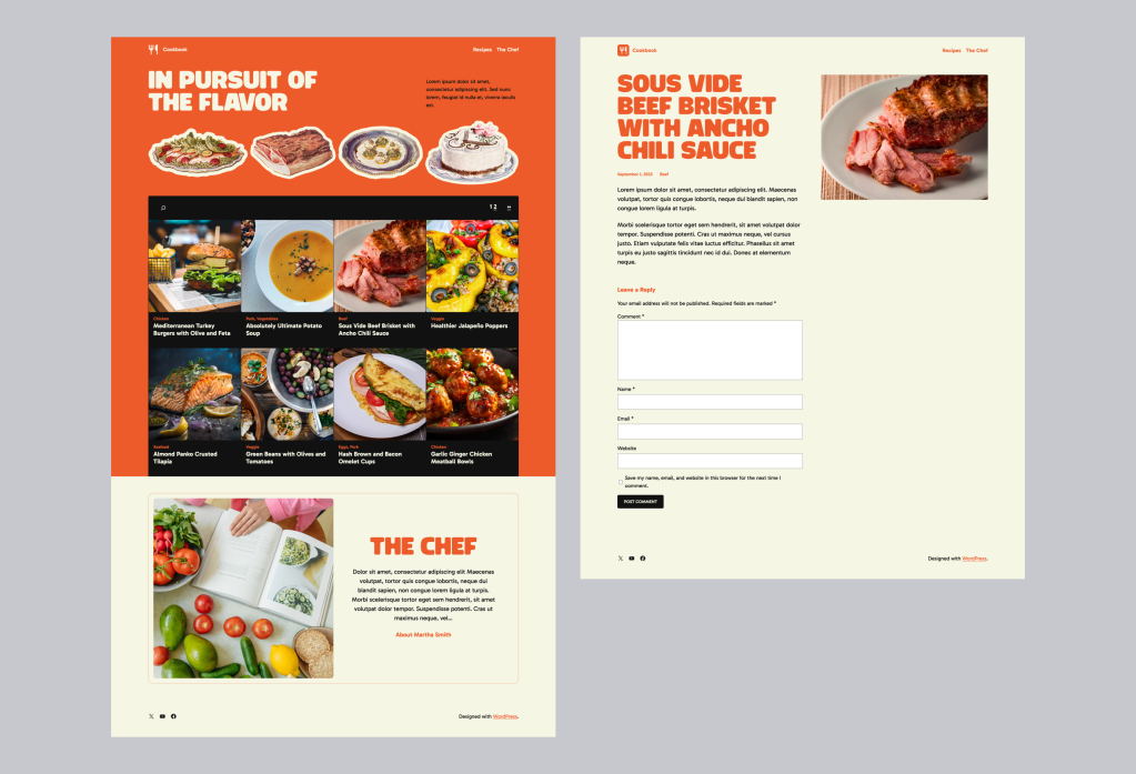 RecipeBook WordPress.com theme homepage and blog post page. 