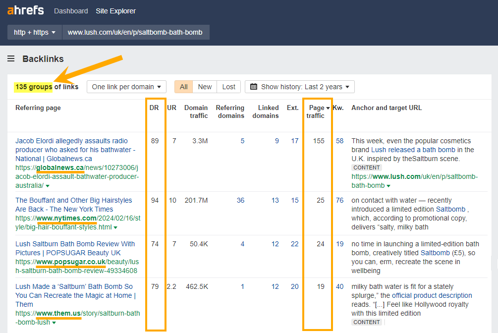 Ahrefs Backlinks report showing 135 press links for Lush's Saltbomb newsjacking PR campaign