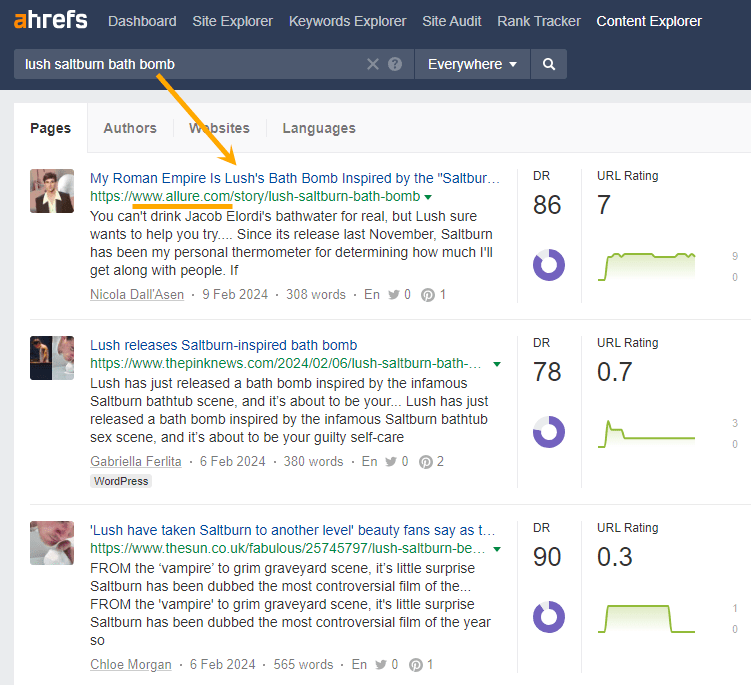 Ahrefs Content Explorer showing press coverage from Allure for Lush Saltburn Bath Bomb