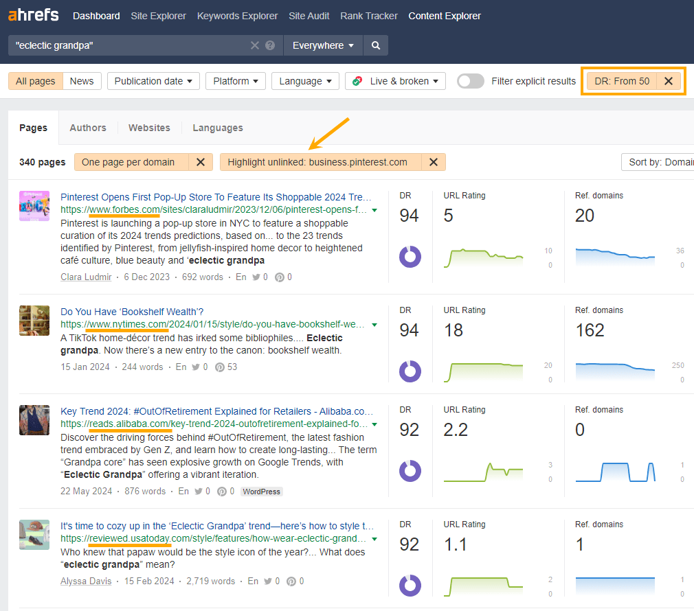 Ahrefs Content Explorer showing Eclectic Grandpa mentions in top press publications