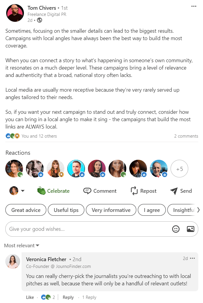 Tom Chivers' LinkedIn post on the power of localized PR campaigns