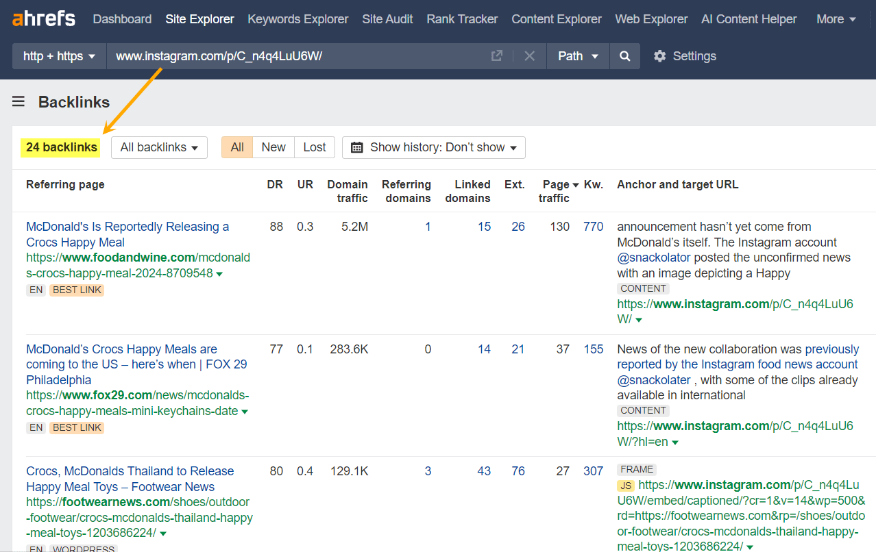 Ahrefs Backlinks report showing 24 press links for an instagram post on the mcdonalds and crocs collab