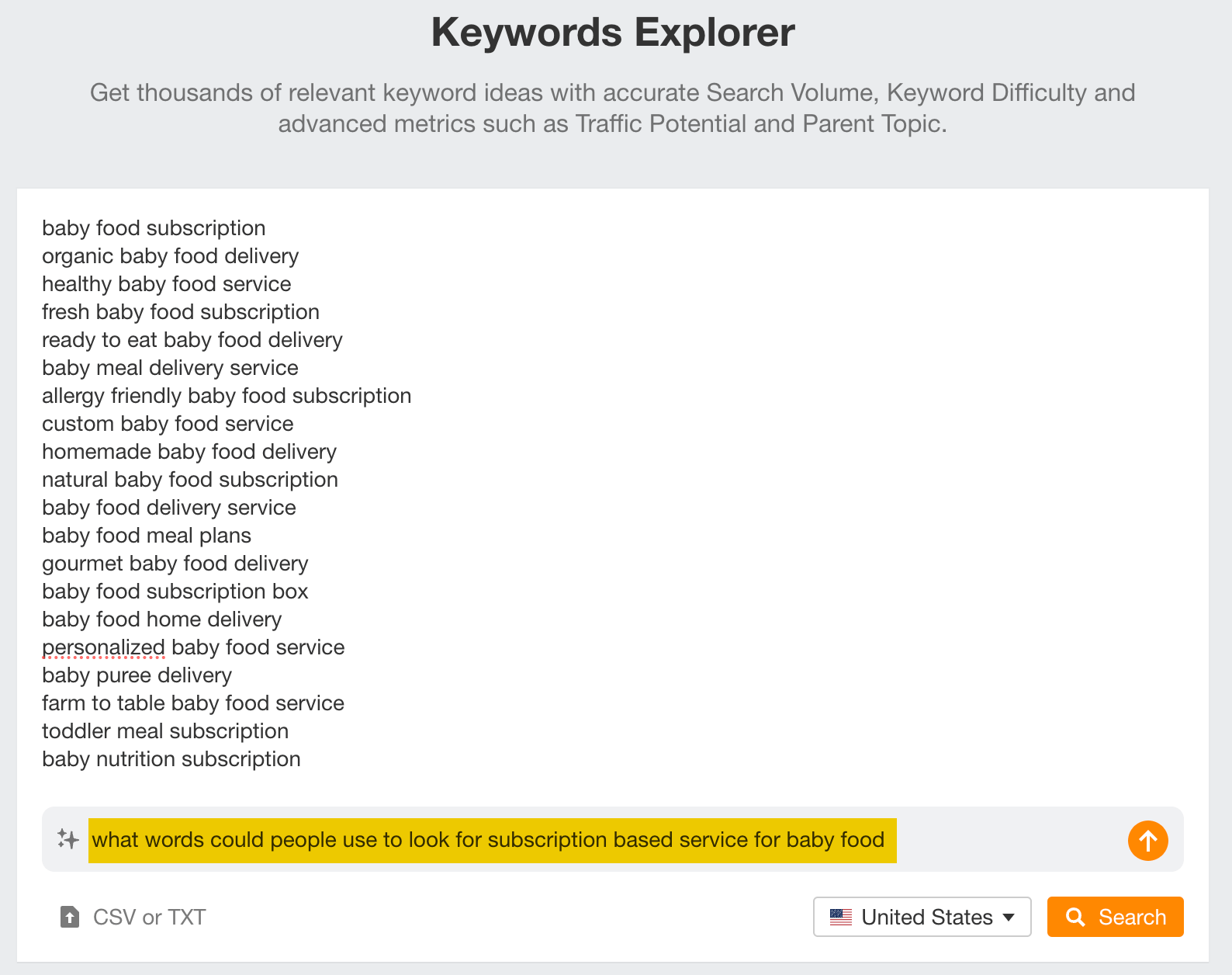 Using AI in Keywords Explorer to find more ways people could look for a product or service online. 