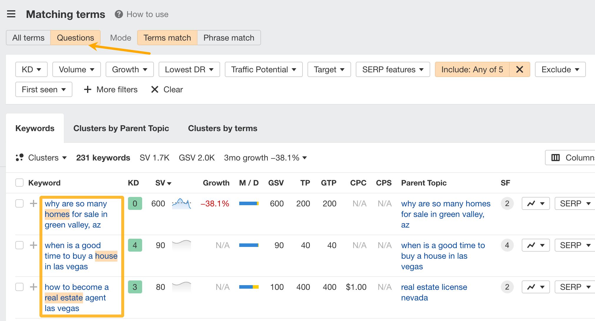 Using Ahrefs' Keywords Explorer to find keywords related to questions and terminology. 