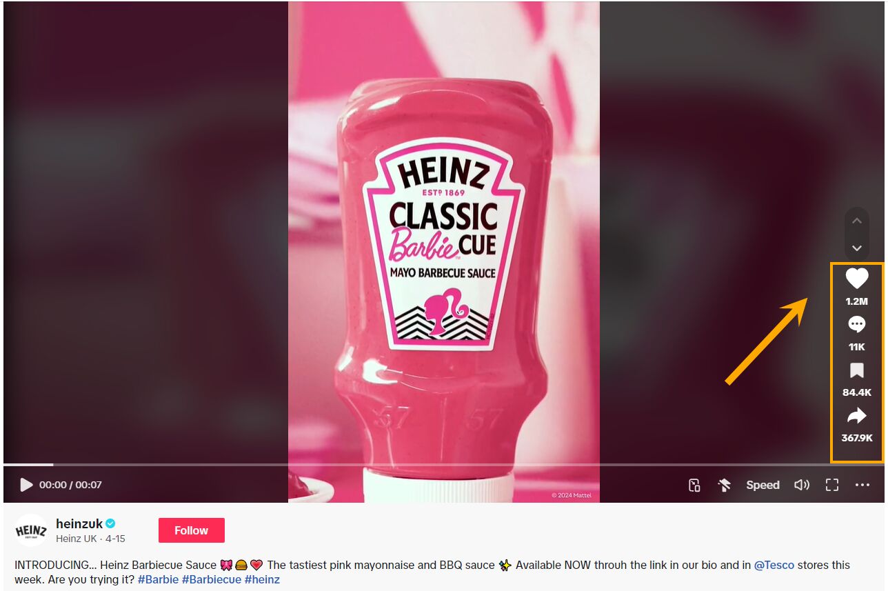 A screenshot of Barbiecue launch from Heinz on TikTok highlighting video engagement