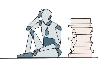 Single continuous line drawing robot sitting near piles of work files.