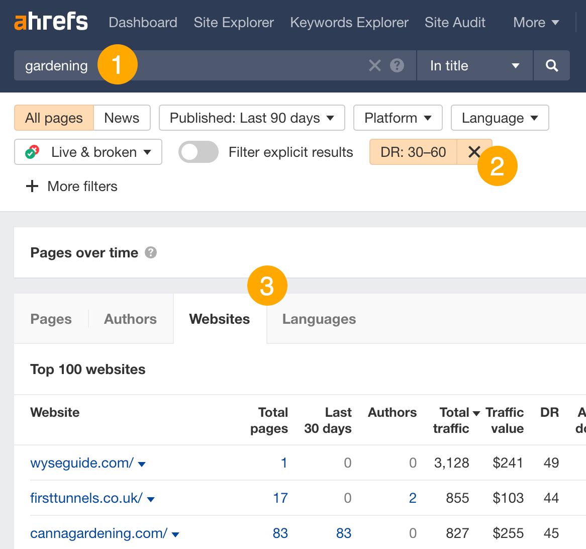 Searching for guest post prospects in Content Explorer