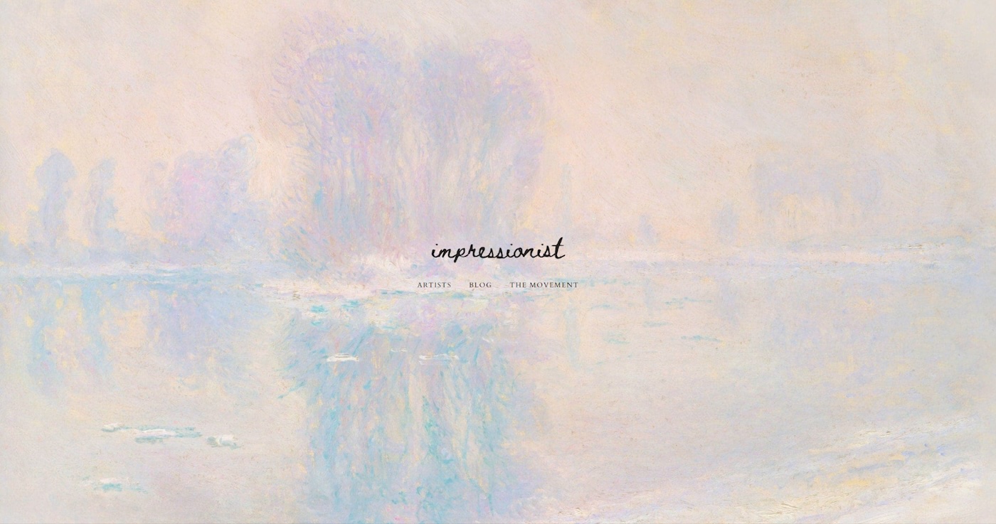 a screenshot of the Impressionist WordPress.com theme homepage with a pastel watercolor image and black text