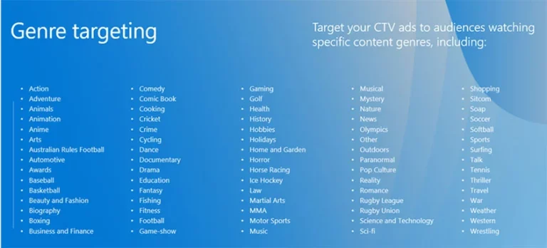 screenshot of genre targeting in microsoft ctv ads