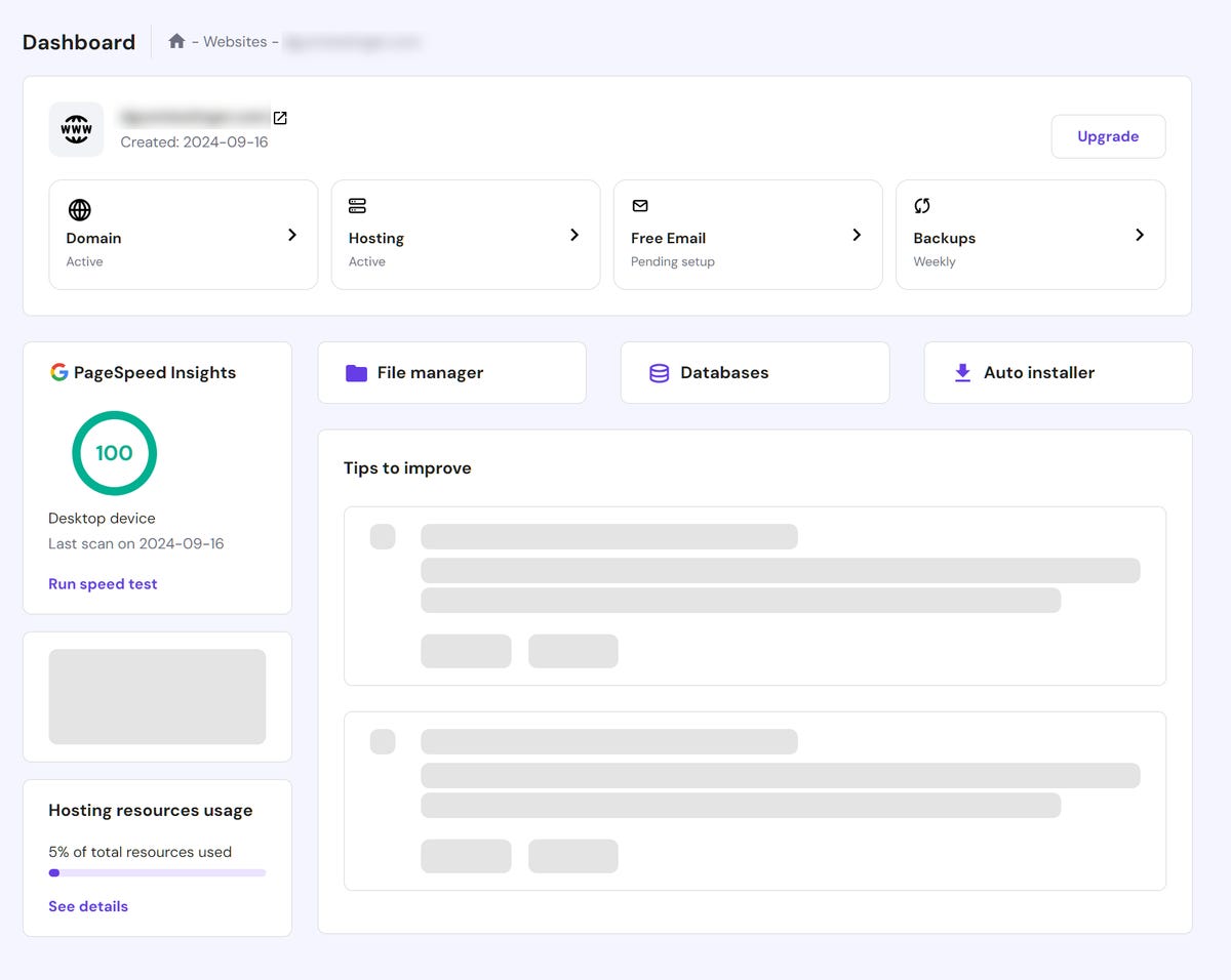 Hostinger web hosting website and server management dashboard