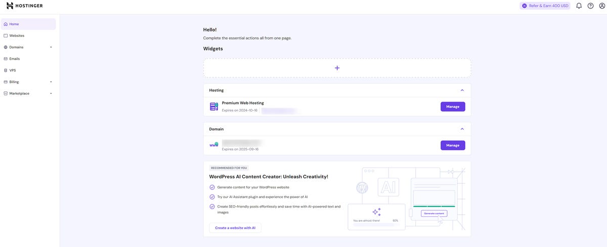 Hostinger account management area