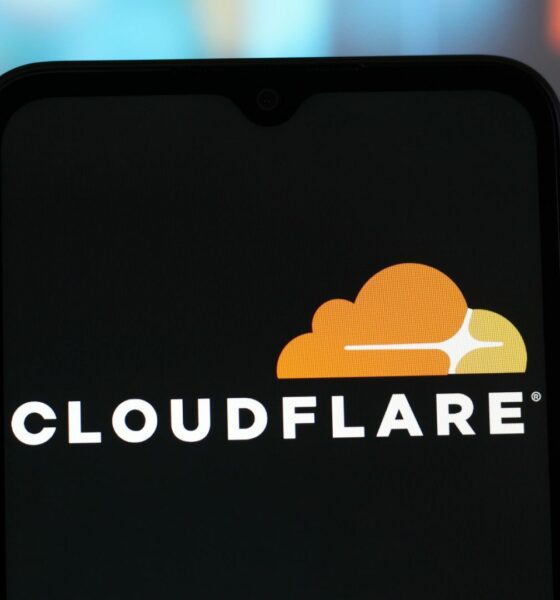 In this photo illustration, the Cloudflare logo is seen displayed on a smartphone screen.